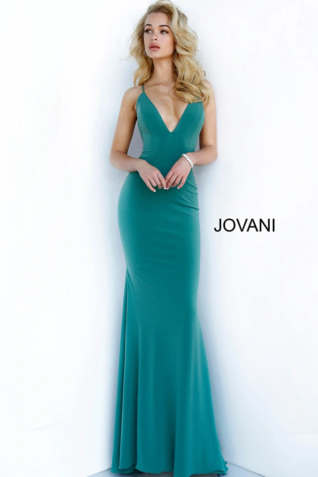 Jovani 00512 Prom Dress V Neck Fitted Floor Length With Train Low Ruched Back With Crisscross Spaghetti Straps  Closure: Invisible Back Zipper with Hook and Eye Closure. Details: Form-fitting prom dress, floor length with train, sleeveless bodice with a plunging neckline, spaghetti straps over shoulders, low ruched back with crisscross spaghetti str