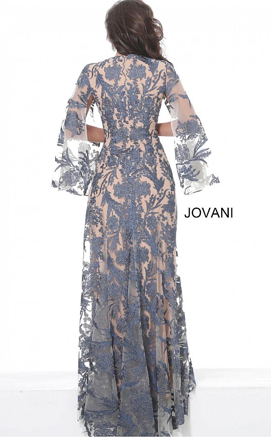 Jovani 00752 Long Navy Lace Formal Evening Dress Long Drape