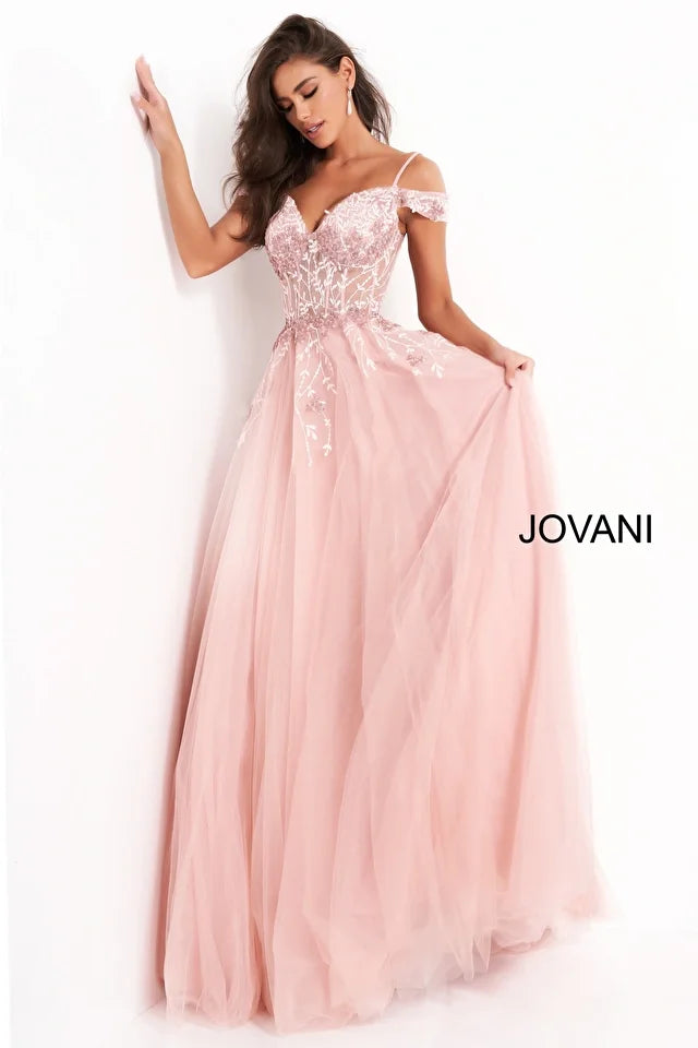 Introducing the Jovani 02022 Long Prom Dress, perfect for any formal occasion. The stunning A-line silhouette flatters all body types, while the off-shoulder neckline adds a touch of elegance. The corset bodice cinches the waist, and the flowing tulle skirt creates a dreamy, ethereal look. Complete with a V-neck and intricate detailing, this gown is perfect for making a statement at any pageant or special event.
