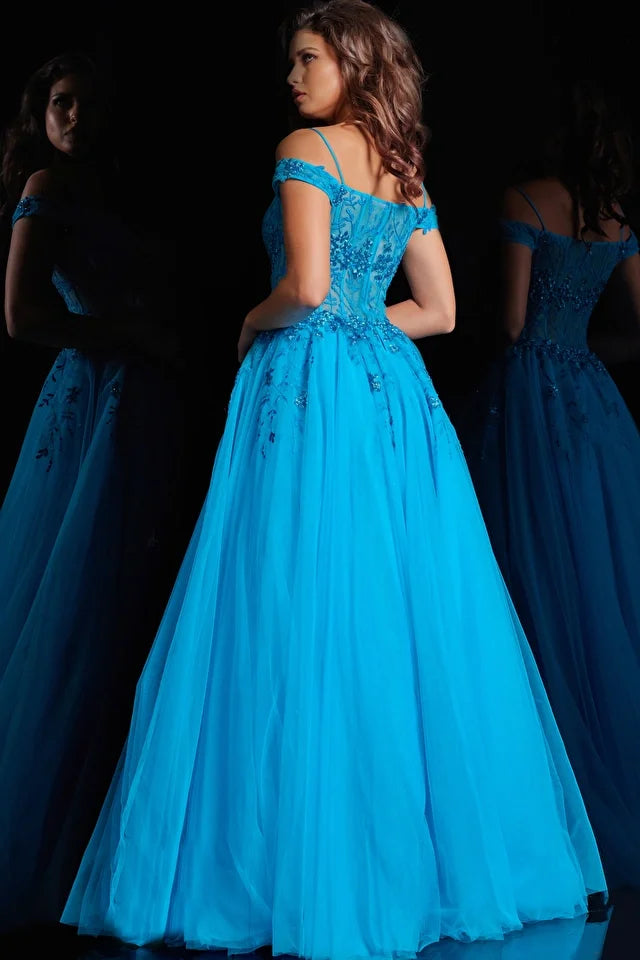 Jovani 02022 Long Prom Dress A-Line Off Shoulder Corset Tulle V Neck F –  Glass Slipper Formals