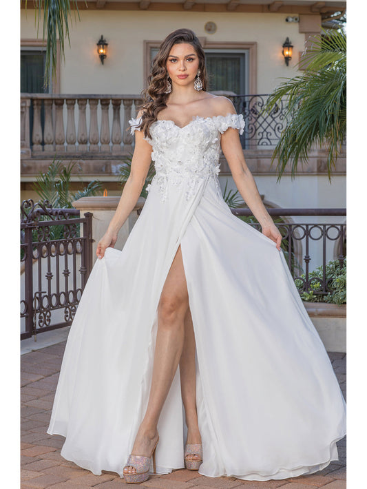 Look beautiful on your special day wearing this Elegant Off White Maxi Slit Off the Shoulder Corset A Line Wedding Dress. The dress features 3d lace applique bodice to give you a glamorous look. Look your best and show up the aisle with confidence. Great destination wedding dress. lace up corset back.  Sizes: XS-3XL  (XS=size 4   -  3XL=size 16)  Colors: Off White