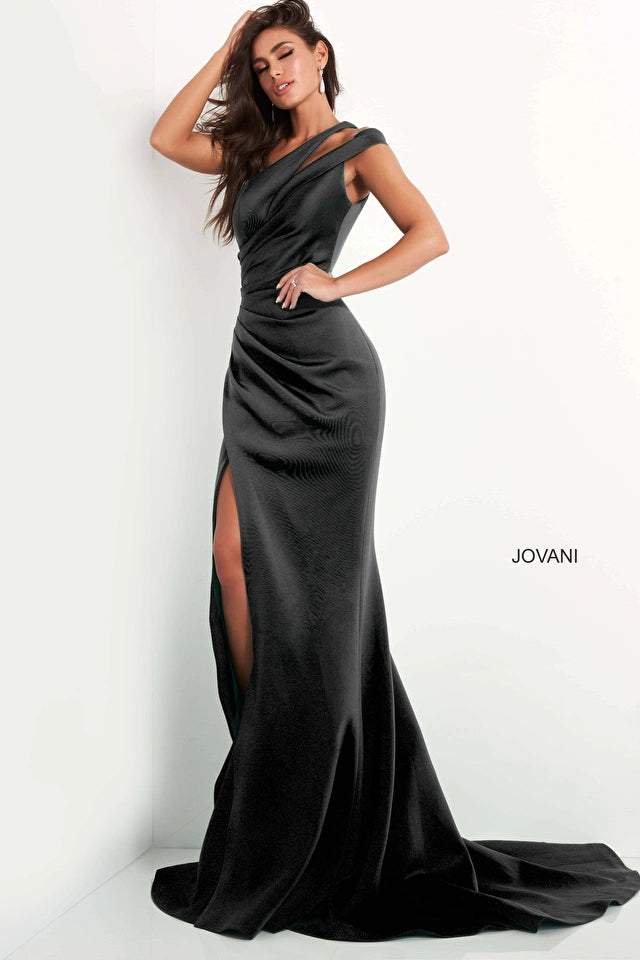 Jovani 04222 This long Jovani evening gown has a double one shoulder strap with a cutout.  This prom and pageant dress has full ruching down the front of the gown giving away to a side slit and long train.   Closure: Invisible Back Zipper with Hook and Eye Closure.   Details:  Scuba bodycon prom dress, floor length skirt with high slit and train, one shoulder bodice with pleated waist, double strap over shoulder, back zipper for closure.