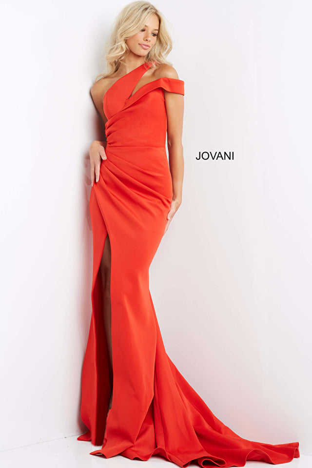 Jovani 04222 This long Jovani evening gown has a double one shoulder strap with a cutout.  This prom and pageant dress has full ruching down the front of the gown giving away to a side slit and long train.   Closure: Invisible Back Zipper with Hook and Eye Closure.   Details:  Scuba bodycon prom dress, floor length skirt with high slit and train, one shoulder bodice with pleated waist, double strap over shoulder, back zipper for closure.
