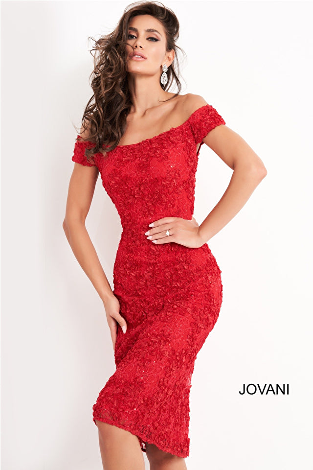 Jovani 04763 is a timeless off-the-shoulder formal dress. Crafted from all-over lace, it is designed to flatter the figure with its fitted silhouette. Perfect for weddings and special occasions, this knee length design will elevate your look.
