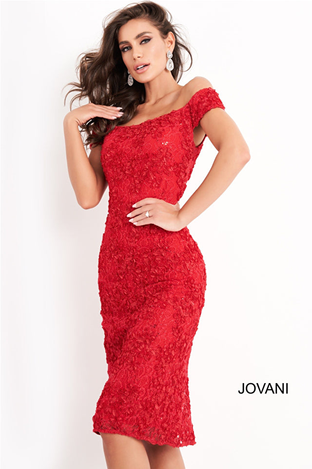 Jovani 04763 is a timeless off-the-shoulder formal dress. Crafted from all-over lace, it is designed to flatter the figure with its fitted silhouette. Perfect for weddings and special occasions, this knee length design will elevate your look.