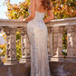 Jovani 05752 This is a silver and nude long mermaid prom dress with embellished lace throughout the evening gown.  It has a v neckline and spaghetti straps.  Closure: Invisible Back Zipper with Hook and Eye Closure. Details: Embellished tulle prom gown, fully lined, floor length, form-fitting, spaghetti strap sleeveless bodice with plunging neckline and open back.