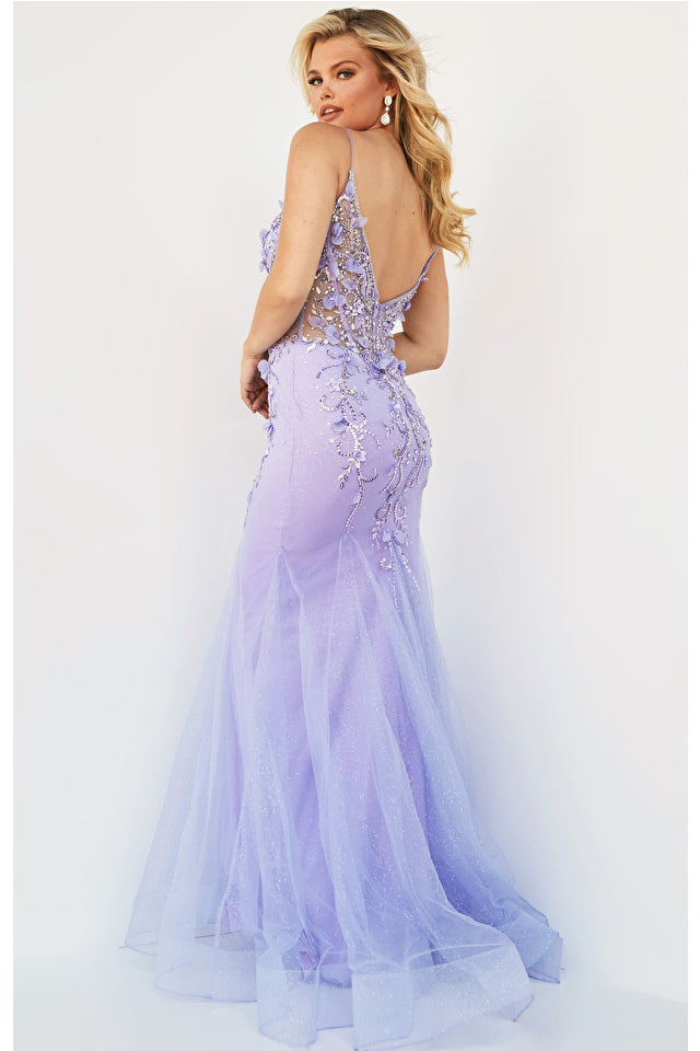 Jovani 05839 is an elegant long mermaid prom dress made of high-quality polyester/spandex fabric blend. It features a floral pattern V-neckline and a body-hugging silhouette, guaranteed to make a statement. The advanced manufacturing processes provide a comfortable fit and make it a perfect formal wear for any special occasions.
