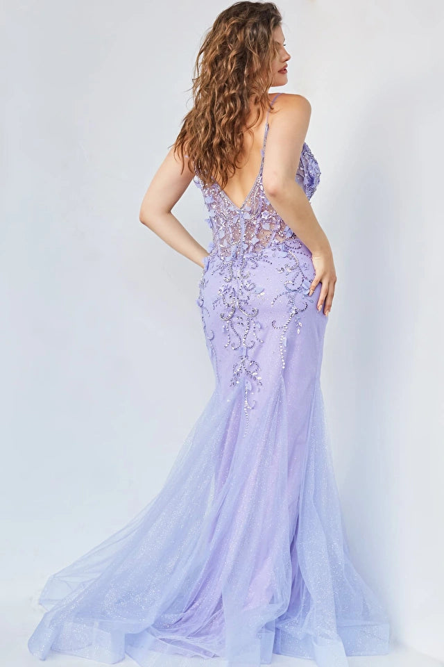 Jovani 05839 is an elegant long mermaid prom dress made of high-quality polyester/spandex fabric blend. It features a floral pattern V-neckline and a body-hugging silhouette, guaranteed to make a statement. The advanced manufacturing processes provide a comfortable fit and make it a perfect formal wear for any special occasions.