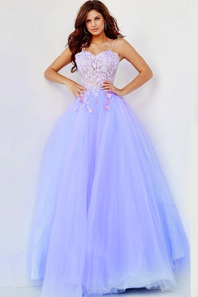 Jovani 06207 Lilac Lace Prom Dress by Jovani.  This formal dress has a V neckline with sheer floral embellished corset bodice and crisscrosses and ties in the open low back.  It has a full dreamy tulle skirt. 