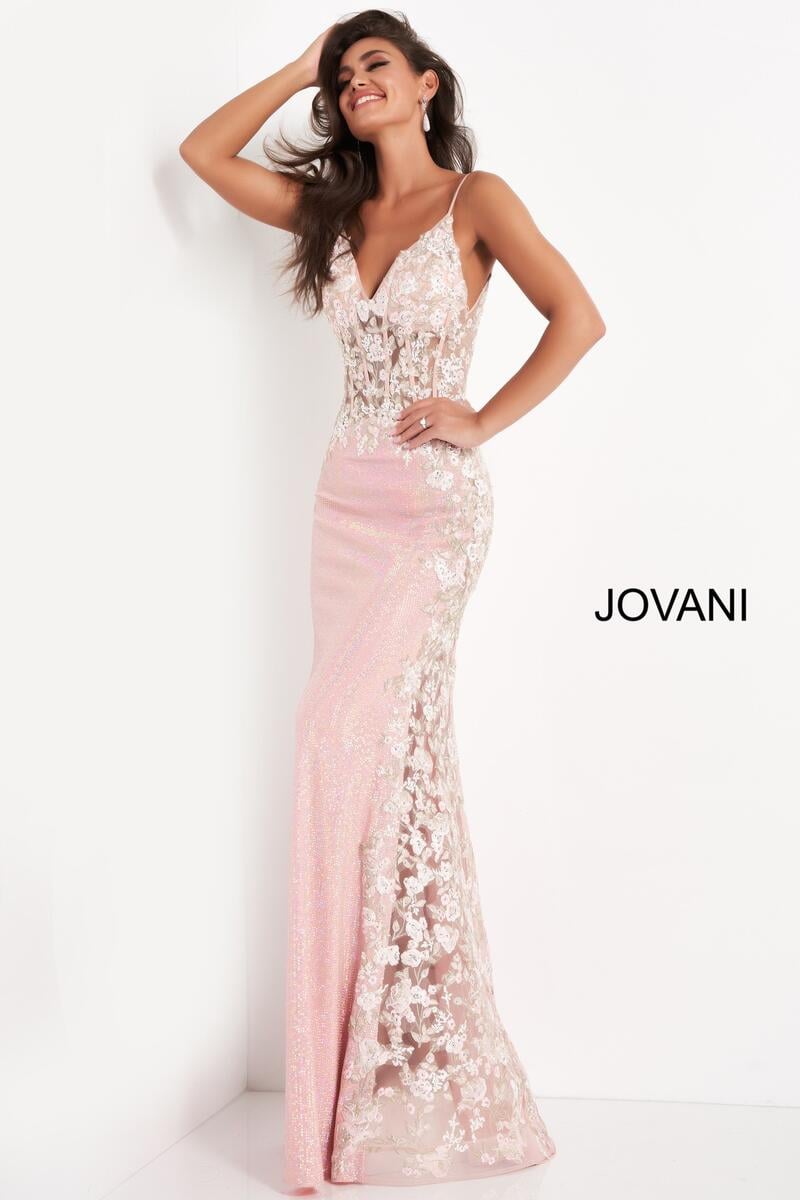 JOVANI 06232 Size 2 Long Fitted Sequin Sheer Corset Floral Prom Dress Sexy Pageant Gown
