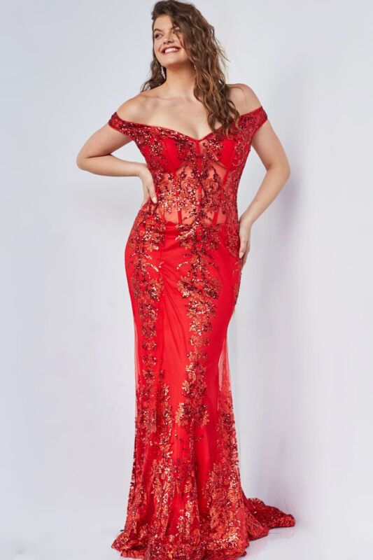 This Jovani 06369 red mermaid evening gown exemplifies sophisticated formal wear craftsmanship. The structured sheer corset bodice showcases precision sequin embellishment, while strategically placed off-the-shoulder straps provide both visual interest and refined support. Tailored for Size 12, the mermaid silhouette creates an elegant, elongated line ideal for prom and black-tie occasions. The combination of sheer detailing and sequin work demonstrates expert design execution for discerning guests seeking 