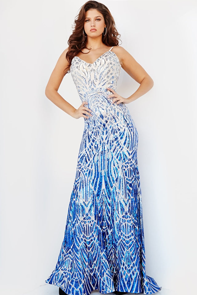 Jovani 06450 is a Gorgeous Long Fitted mermaid Formal evening gown. This Prom Dress Features an open Back with spaghetti straps. Ombre Sequin Color Shift on this Mermaid Pageant Dress. Lush Trumpet skirt with a sweeping train. Fully Embellished sequin Geometric pattern to accentuate any figure!