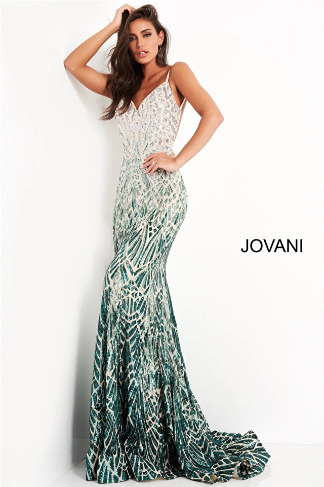 Jovani 06450 is a Gorgeous Long Fitted mermaid Formal evening gown. This Prom Dress Features an open Back with spaghetti straps. Ombre Sequin Color Shift on this Mermaid Pageant Dress. Lush Trumpet skirt with a sweeping train. Fully Embellished sequin Geometric pattern to accentuate any figure!
