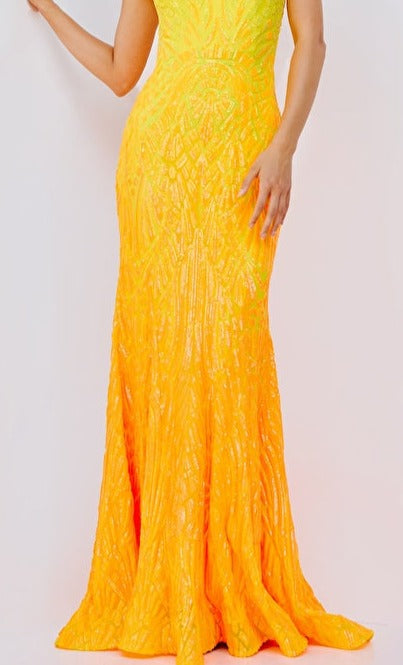 Jovani 06469 is a long fitted formal evening gown. Fully Embellished Sequin Ombre Color shifting geometric patterns. One shoulder Neckline. Mermaid silhouette with a lush trumpet skirt & Sweeping train. Stunning Prom & Pageant Gown.  Jovani.com  Colors: Yellow   Sizes: 4 