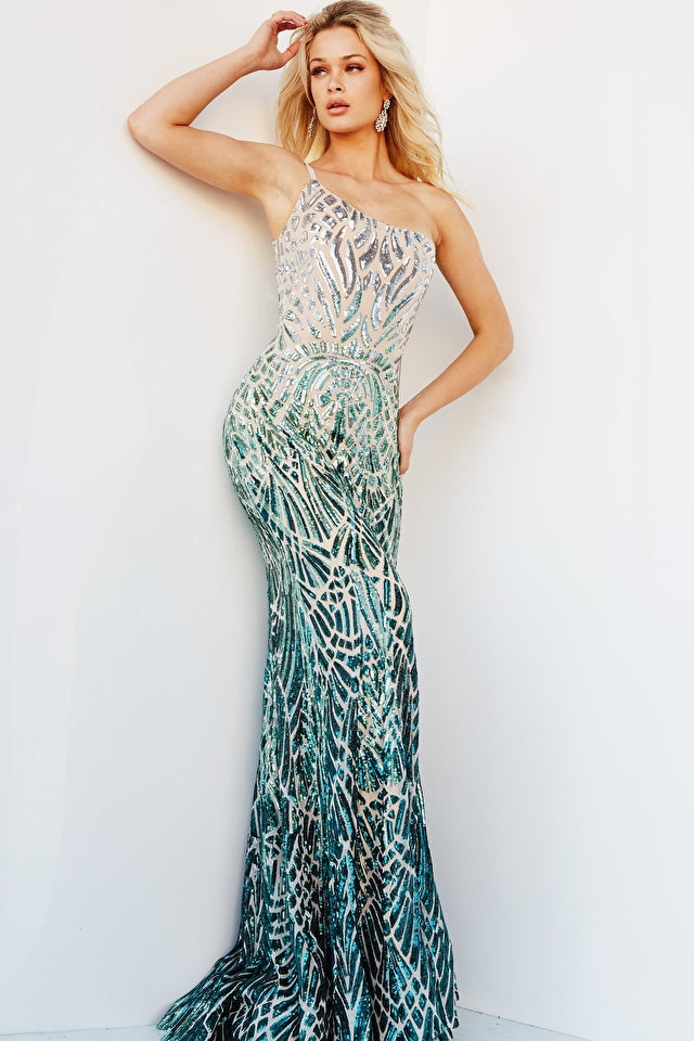 Jovani 06469 is a long fitted formal evening gown. Fully Embellished Sequin Ombre Color shifting geometric patterns. One shoulder Neckline. Mermaid silhouette with a lush trumpet skirt & Sweeping train. Stunning Prom & Pageant Gown.