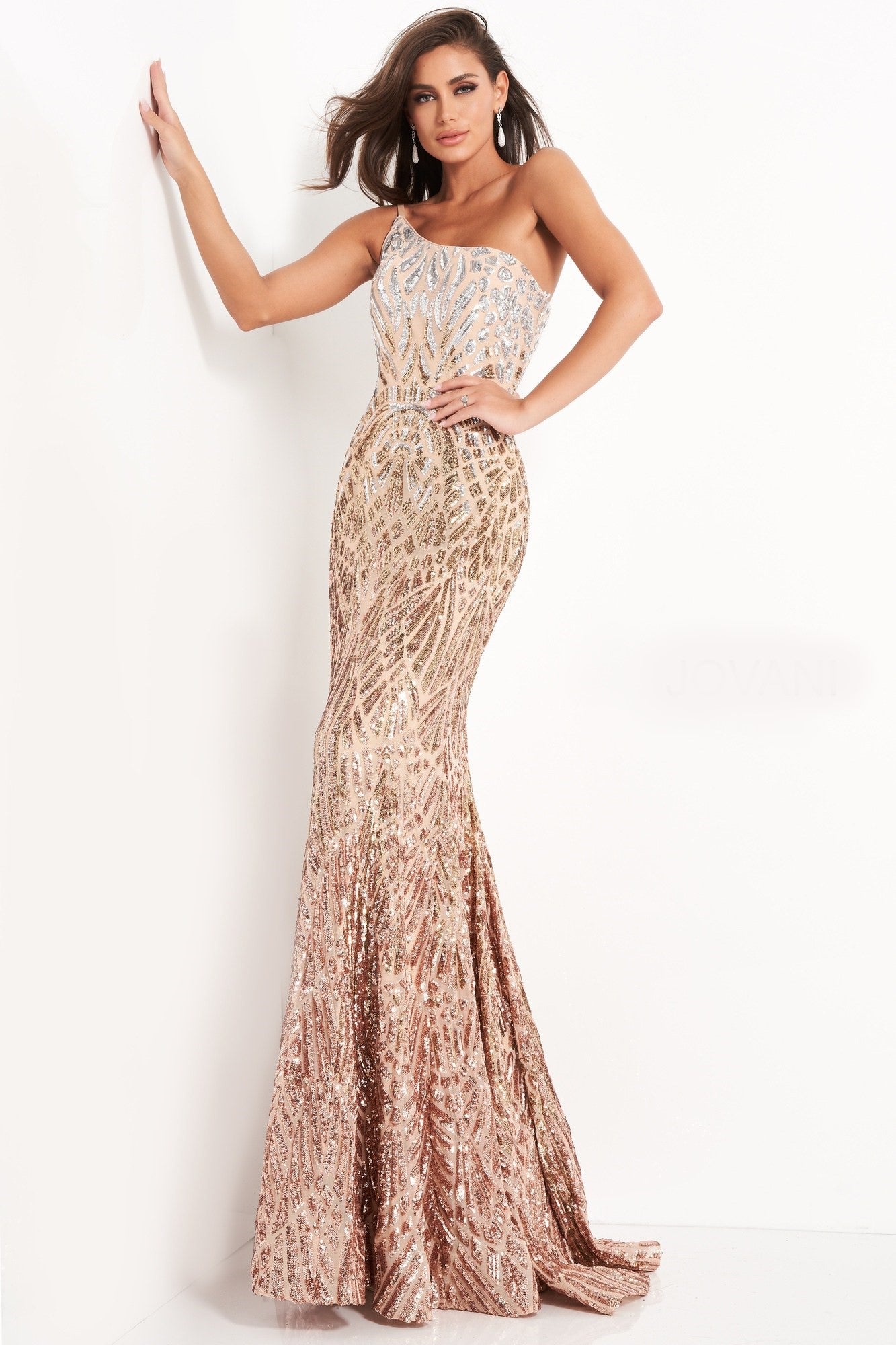 Jovani 06469 Long Fitted Sequin One Shoulder Mermaid Prom Dress