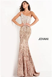 Jovani 06469 is a long fitted formal evening gown. Fully Embellished Sequin Ombre Color shifting geometric patterns. One shoulder Neckline. Mermaid silhouette with a lush trumpet skirt & Sweeping train. Stunning Prom & Pageant Gow