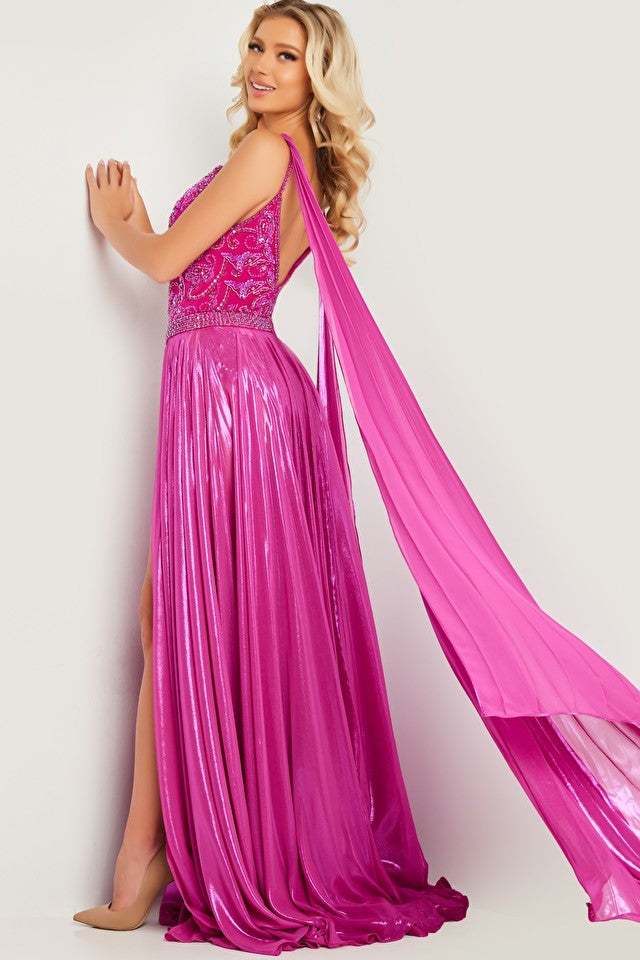 Be bold in the Jovani 07249 High Low Pageant Dress! This one-of-a-kind formal gown combines a metallic overskirt, pleated capes, and Crystal Beaded bodysuit for a truly dazzling look. Ready for the red carpet? You better believe it.  Sizes: 00-24  Colors: Hot Pink, Hunter, Light Pink