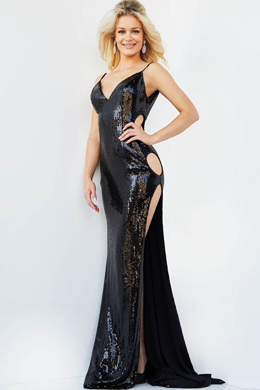Jovani 07532 Stretch Sequin Form Fitting Cut Outs With High Slit Sexy Prom Dress. This floor length stunning stretch Sequin Form fitting dress will turn heads at any event with its sexy cut outs going down the sides, high slit and glisering sequins will have you looking like the star you are!