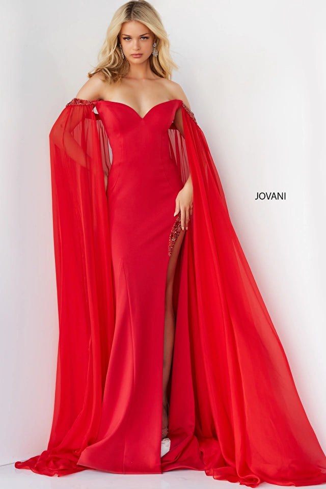 Jovani 07652 is a breathtaking red prom gown that will make you feel like a true Hollywood star on your special night. The dress is made from luxurious crepe fabric, giving it a soft and silky texture. The off-the-shoulder sleeves add a touch of elegance and sophistication, while the sweetheart neckline is alluring and feminine