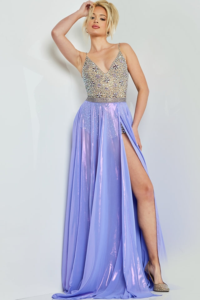 Turn heads and showcase your star-studded style in this dazzling crystal Jovani 07659 pageant dress. The metallic shimmer bodysuit, overskirt, and maxi slit gown will make you feel like a million bucks! Add a bit of glitz and glam to your next special event!   Sizes: 00-24  Colors: Silver/Lilac