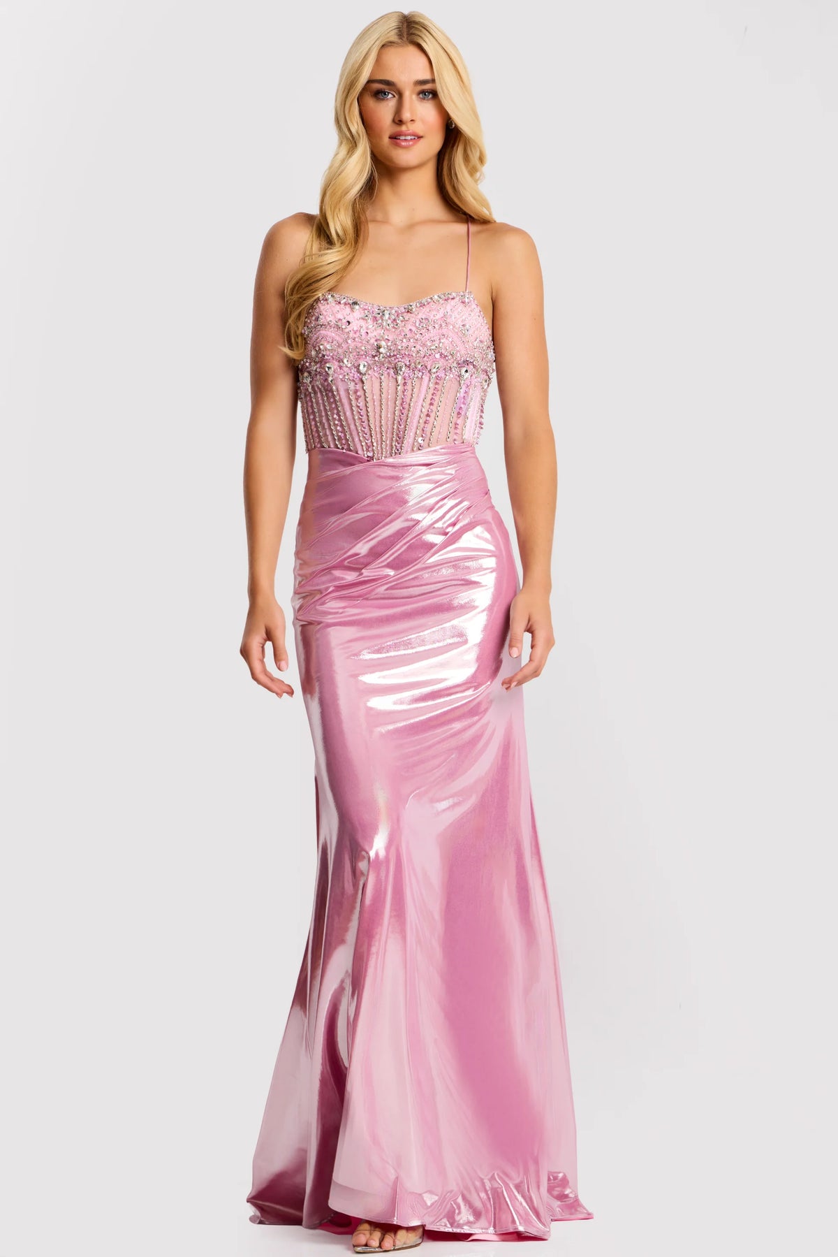 Jovani 47325 Beaded Corset Bodice Prom Dress Metallic Satin Mermaid Evening Gown