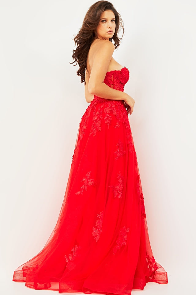 Jovani 07901 Long Ballgown Prom Pageant Gown Sheer Floral A Line Dress  Closure: Invisible Back Zipper with Hook and Eye Closure. Details: Floral applique floor length prom dress, A-line skirt with horsehair trim, fitted sheer corset bodice with boning, strapless sweetheart neckline.