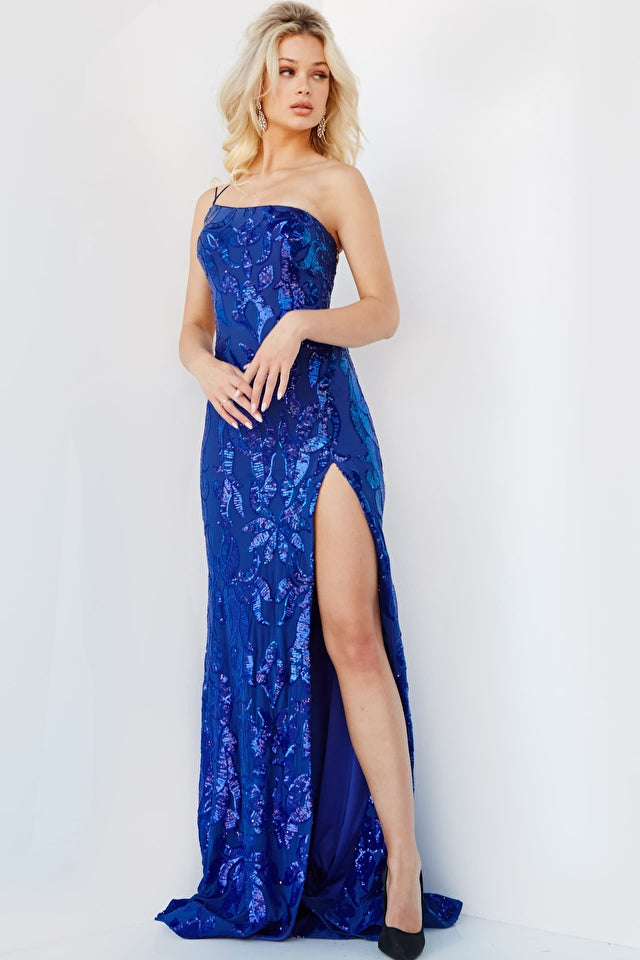Get ready to steal the show with Jovani's 07913 Royal Sequin High Slit Prom Dress. This stunning piece features a unique blend of style and comfort, making you the center of attention on any special occasion. The dress is made from a stretchy, form-fitting fabric that hugs your curves in all the right places. The sequin floral design adds a touch of glamour and sparkle to the dress, while the high slit and open tie-back bodice add a touch of sexiness.