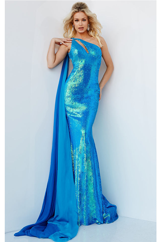 Jovani 08012 is a stunning, one-shoulder prom dress with a keyhole neckline, floor-length cape and iridescent fabric. It offers a figure-flattering silhouette with a high waistline and fitted upper body. Perfect for any formal occasion, the cape adds drama to this glamorous look!