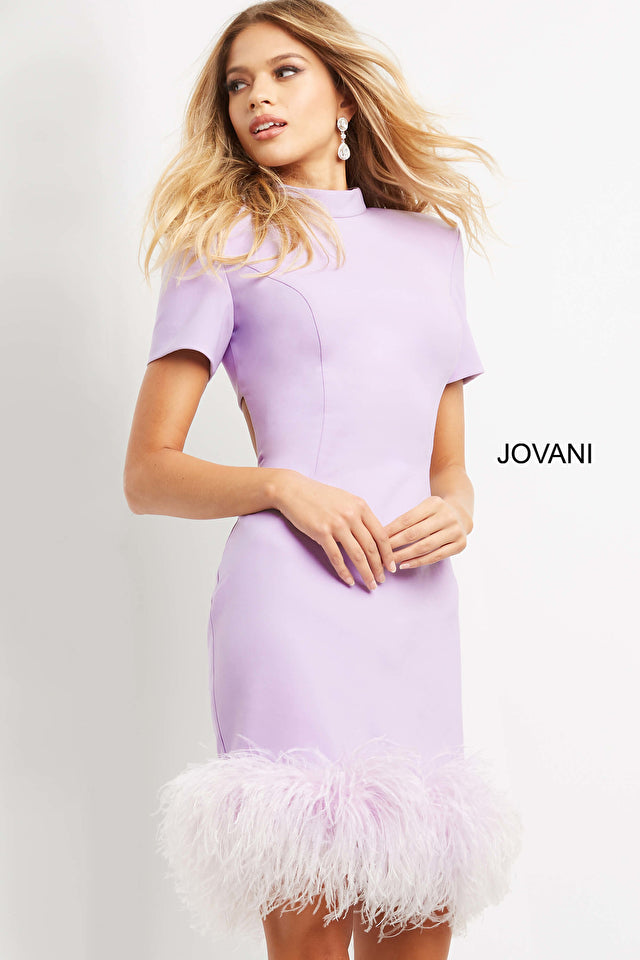 Jovani 08253 High Neck Feather Hem Sheath Open Back Short Cocktail Homecoming Dress. The Jovani 08253 is perfect for the modern woman who loves to look and feel fabulous. This short cocktail dress features a stylish high neck design, feather trim hemline, and an open back for added flair. Ideal for homecoming and other special occasions.