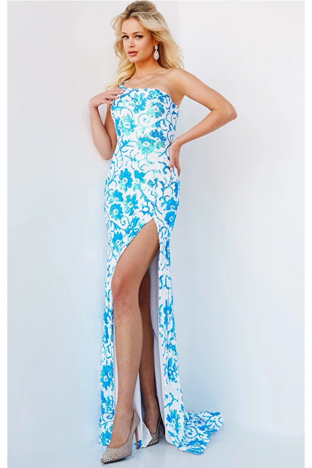 Jovani 08256 Long One Shoulder Sequin Floral Design Prom Pageant Gown. Jovani 08256 one-shoulder sequin prom dress is perfect for those who want to make a statement on their big night. The dress features a fitted silhouette that hugs the body in all the right places. The sequin fabric adds a touch of sparkle and shine, ensuring you'll turn heads as soon as you enter the room. The one-shoulder design adds a touch of elegance to the overall look, making it perfect for a prom or any formal event!