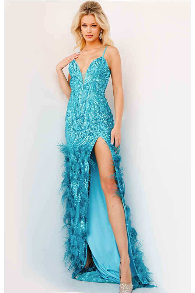 Jovani 08340 Sequin embellished Sexy Slit Low Back High Waisted Feathered Skirt Prom Dress. Jovani 08340 is a stunning turquoise prom dress perfect for making a statement at any formal event. The dress features a form-fitting silhouette, accented with a floor-length high-waisted skirt embellished with feathers, adding a touch of glamour to the overall look. The high slit and sweeping train add a touch of sophistication to the overall look