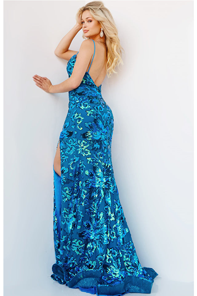 Jovani 08459 Spaghetti Strap V-Neck Low Back Sheath Sequin Embellished Prom Dress. The Jovani 08459 Royal Spaghetti Strap Sequin Embellished Prom Dress is a stunning option for a prom night or other special events. The dress features a sheath silhouette with a floor-length skirt that has a high slit