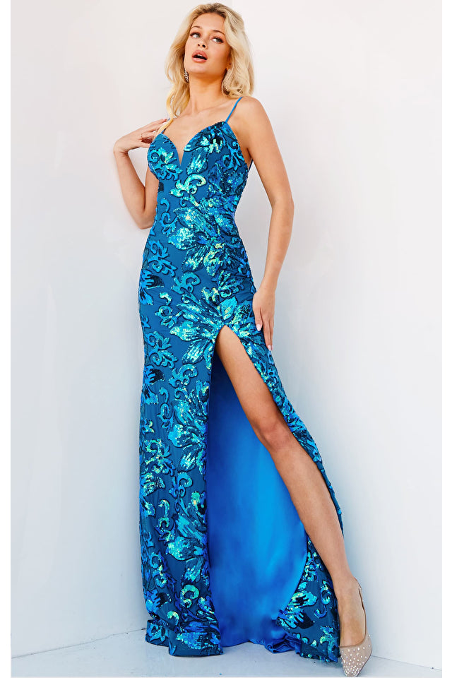 Jovani 08459 Spaghetti Strap V-Neck Low Back Sheath Sequin Embellished Prom Dress. The Jovani 08459 Royal Spaghetti Strap Sequin Embellished Prom Dress is a stunning option for a prom night or other special events. The dress features a sheath silhouette with a floor-length skirt that has a high slit
