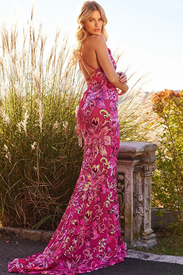 Jovani 08462 Open Back Lace Up V-Neck Iridescent Sequin Floral Sheath Prom Dress. Introducing the Jovani 08462 Pink V Neck Tie Back Sheath Prom Dress - the perfect blend of glamour and sophistication. With its stunning iridescent sequin floral design, this dress is sure to turn heads on any special occasion. The fitted silhouette and floor-length skirt perfectly accentuate your curves, while the plunging V-neck and open tie-back add a touch of allure.