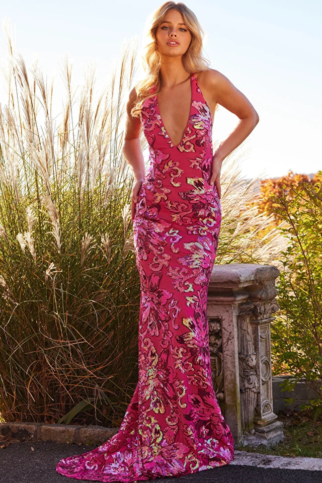 Jovani 08462 Open Back Lace Up V-Neck Iridescent Sequin Floral Sheath Prom Dress. Introducing the Jovani 08462 Pink V Neck Tie Back Sheath Prom Dress - the perfect blend of glamour and sophistication. With its stunning iridescent sequin floral design, this dress is sure to turn heads on any special occasion. The fitted silhouette and floor-length skirt perfectly accentuate your curves, while the plunging V-neck and open tie-back add a touch of allure.