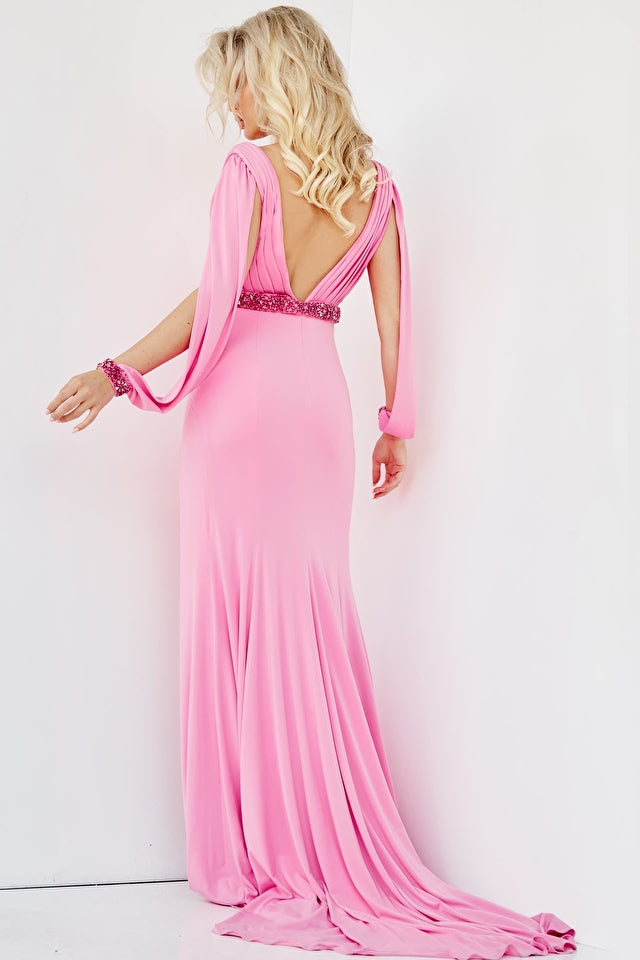 Jovani 08482 Embellished Belt Beaded, Draped, Train, Slit, Pleated Bodice, Jeweled Belt, Open Long Sleeve Prom Dress. This magnificent Jovani 08482 dress features a beaded draped bodice with a train, slit, and pleated skirt, and a jeweled belt. It is complete with open long sleeves for a gorgeous and sophisticated look perfect for your prom night.
