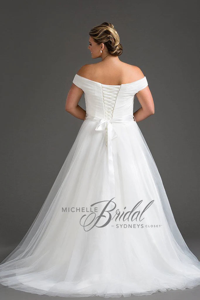Michelle Bride For Sydney's Closet MB1812 A-Line V-Neck Lace Up Back Off The Shoulder Straps Pleated Plus Size Bridal Gown. Look radiant in the Michelle Bride For Sydney's Closet MB1812 A-Line V-Neck Gown. Crafted from quality fabric, this design features off the shoulder straps, a pleated bodice, and a lace-up back for an adjustable fit. Perfect for the plus-size bride!