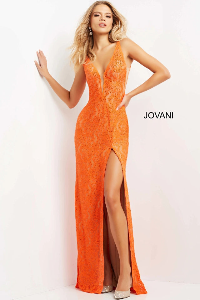 Jovani 08674 Form-fitting Stretch Lace Embellished With Heat Set Stones, Nude Underlay, Floor Length Skirt With A High Slit Plunging Neck Prom Dress. Make a stunning entrance in this Jovani 08674 prom dress. 