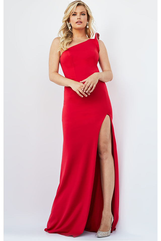 Jovani 09040 Beaded One Shoulder High Slit Fitted Sleeveless Bodice Gown.  The Jovani 09040 gown will make a glamorous statement at any formal event. Featuring a one-shoulder neckline, fitted sleeveless bodice, and sweeping train, this floor-length jersey gown is enhanced with beading and a high slit for an extra hint of sparkle. The Invisible Back Zipper closure with Hook and Eye ensures a perfect fit.