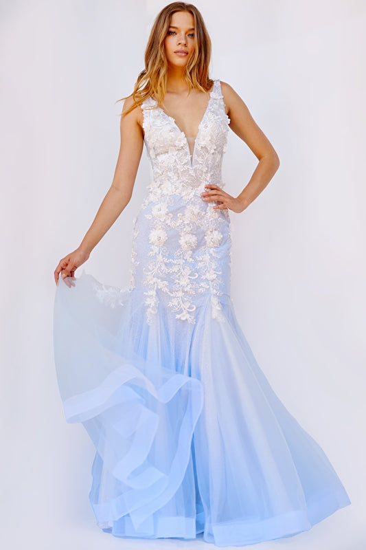 Jovani 09322 Floral appliques Tulle Mermaid Bottom Horsehair Trim Plunging Neckline V-Shaped Back, Sheer Sides Prom Dress. This exquisite prom dress from Jovani features a plunging neckline, a mermaid bottom with floral appliques and horsehair trim, a v-shaped back, and sheer sides for a glamorous look. The tulle fabric and shape of the dress will make you stand out in any room.