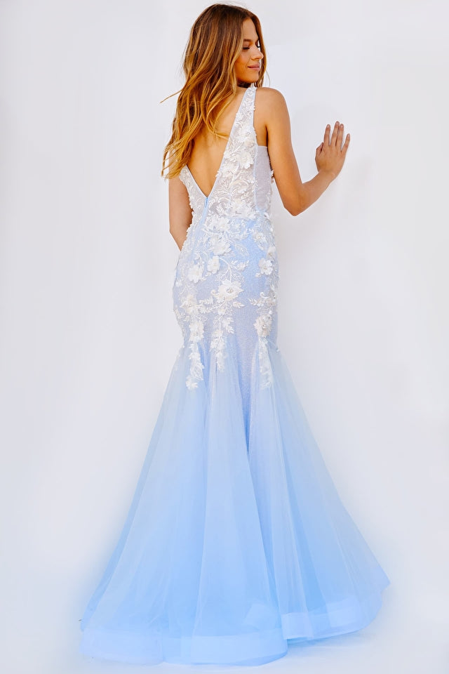 Jovani 09322 Floral appliques Tulle Mermaid Bottom Horsehair Trim Plunging Neckline V-Shaped Back, Sheer Sides Prom Dress. This exquisite prom dress from Jovani features a plunging neckline, a mermaid bottom with floral appliques and horsehair trim, a v-shaped back, and sheer sides for a glamorous look. The tulle fabric and shape of the dress will make you stand out in any room.