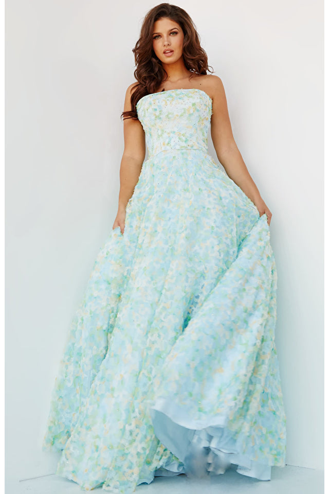 Jovani K09765 Multi Strapless A-Line Floral Kids Long Gown. Create a showstopper at your next event with this Jovani K09765 Multi Strapless A-Line Floral Kids Long Gown. After one glance, your squad will be flocking around you asking where you got it! Flaunt your style and look like a princess with this spectacular floral gown. Now's the time to show 'em what you got!