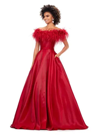 Satin Halter Gown With Feathers in Carnelian