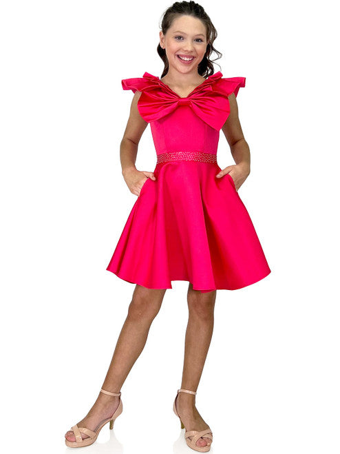 Marc Defang K6013 Short A Line Girls Pageant Cocktail Dress Interview Bow This stunning dress works perfectly for interview, fun fashion, as well as formal occasions Featured color:All colors are available. Hand crafted crystals on the waistband  Bow front Multiple pleated collar, front and back  2 side pockets! Center back invisible zipper Inner lining for silky comfort Available Sizes: 4-14 Available Colors: Hot Pink, Yellow, Aquarius Blue  See swatch chart Please Allow 30 Days for Delivery