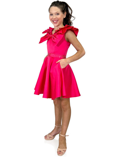 Marc Defang K6013 Short A Line Girls Pageant Cocktail Dress Interview Bow This stunning dress works perfectly for interview, fun fashion, as well as formal occasions Featured color:All colors are available. Hand crafted crystals on the waistband  Bow front Multiple pleated collar, front and back  2 side pockets! Center back invisible zipper Inner lining for silky comfort Available Sizes: 4-14 Available Colors: Hot Pink, Yellow, Aquarius Blue  See swatch chart Please Allow 30 Days for Delivery
