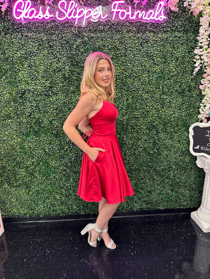 Dave &amp; Johnny 10749 Size 2 Hot Pink Short Satin Flared Corset Back Cocktail Dress&nbsp; Dave &amp; Johnny 10749 – Short dress features an A-line silhouette in luxe satin, with a plunging neckline, spaghetti straps, and an open laced-up back. Available in emerald and hot pink.

Size: 2

Color: Hot Pink