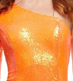 Ashley Lauren 11047 Size 6 Neon Orange One Long Bell Sleeve Flare Sequin Jumpsuit Pageant Wear
