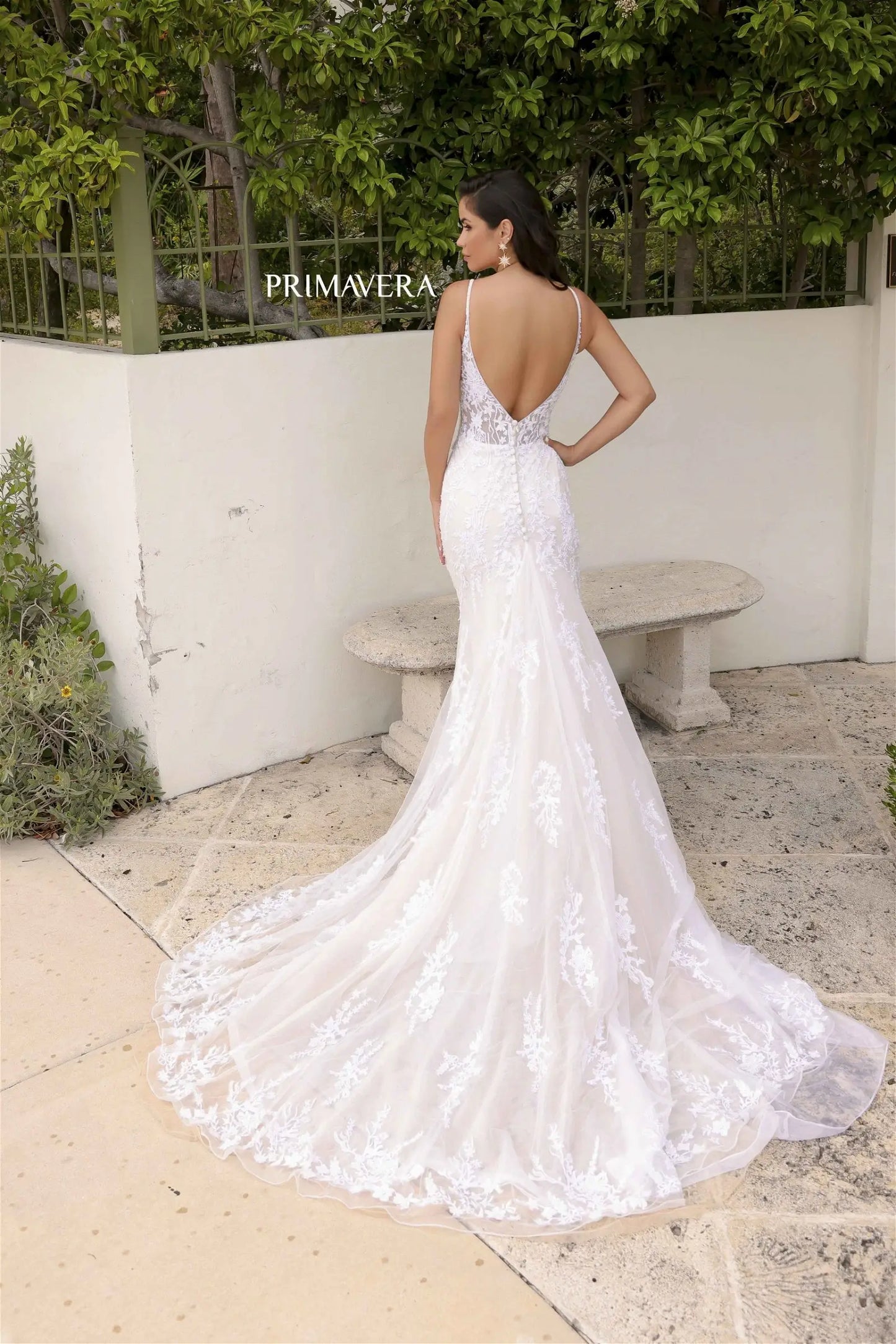 Primavera Couture Bridal 11103 Deep V-Neck Sheer Bodice Fit And Flare Silhouette Beaded Train Wedding Gown