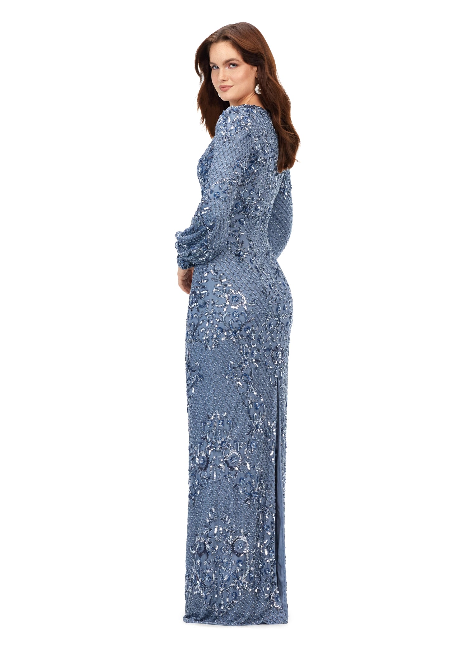 Ashley Lauren 11193 Beaded V-Neck Gown With Bishop Sleeves Fully Sequin Formal Dress. This ultra chic v-neck gown features an ornate bead pattern throughout, and carries onto the bishop sleeves. The full zipper high back, and center back vent completes the look.
